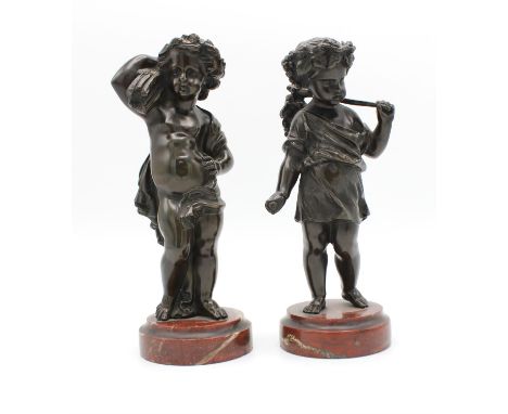 A pair of 19th Century French bronze figures of putti emblematic of the seasons, Summer and Autumn in the manner of Clodion, 