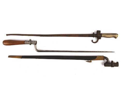 An 1876 Pattern Martini Henry "Lunger" socket bayonet, 55cm blade,with brass mounted scabbard, French Lebel bayonet with 52cm
