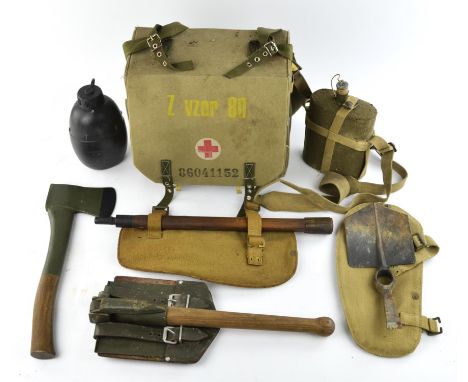 Militaria ; assorted webbing, belts, bags, and other items including entrenching tools, first aid kit, gas mask , bayonets, a