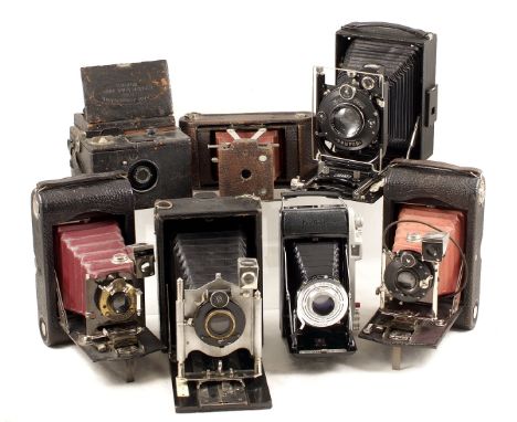 Box of Seven Folding Kodak &amp; Other Vintage Cameras. To include Kodak Folding Pocket No 1 &amp; No 3; Houghton Kilto; Ensi