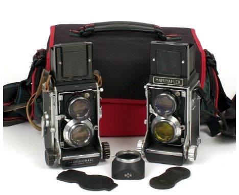 Pair of Mamiya TLRs. Comprising Mamiyaflex C (condition 5/6F) with 105mm f3.5 portrait lens (condition 5F) and a Mamiya Profe