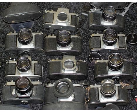 Box of 11 Pentax Screw Mount Cameras &amp; Lenses. To include Spotmatic etc (Conditions vary from 6F to 9H). Also a Pentax Gu