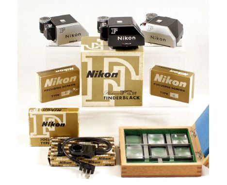 Uncommon BLACK Nikon FTN Finder in Makers Box (condition 3G). Also 2 Nikon FT finders, a selection of Nikon focussing screens
