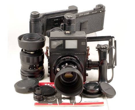 Mamiya Universal 6x9 Rangefinder Outfit. With Mamiya Sekor 100mm f3.5 lens (condition 4/5F) and a focusing/plate back. Also a