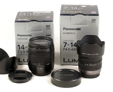 Two Panasonic Zoom Lenses for Micro 4/3rds Mirrorless Digital Cameras. Comprising 7-14mm extreme wide angle f4 G Vario lens &