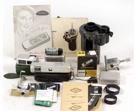 Minox "Spy" Camera Outfit. To include Minox camera, meter, developing tank, tripod mount, films and various paperwork &amp; s