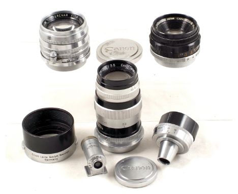 Group of Canon L39 Screw Mount Lenses and Accessories. Comprising Serenar 50mm f1.8 lens (some internal fungus, condition 5/6