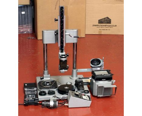 Rare Nikon Multiphot Macro System for 35mm &amp; 5" x 4" Use. Comprising baseboard, long &amp; short bellows (both poor), var