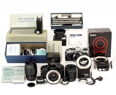 An Extensive Macro &amp; Bellows Outfit with Trinol &amp; Ross Lenses. To include black Olympus OM10 (working but speeds seem