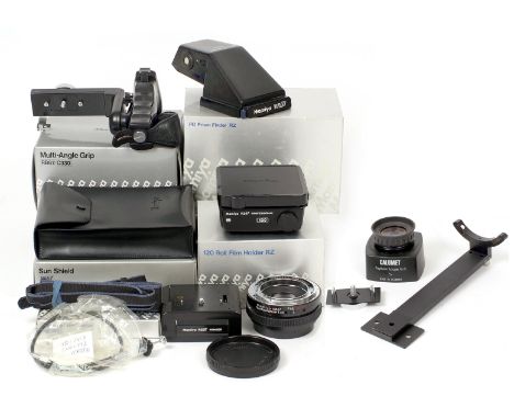 Mamiya RZ67 Accessory Collection. Comprising x1.4 Tele Converter; RZ Prism Finder; 120 roll film back; Sun Shield (rare); Mul