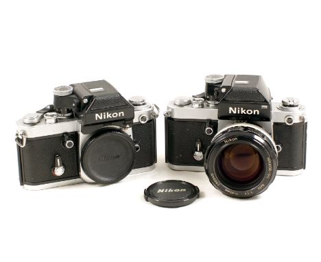 Nikon F2A &amp; F2 Cameras. Black Nikon F2A body #7947831 (condition 5F) and a chrome Nikon F2 #7649449 with a FAST Nikkor 55