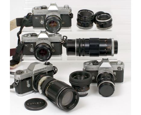 Canonflex &amp; FD Cameras &amp; Lenses. Canonflex RP with Soligor 300mm f5.5, FL 50mm f1.8 and a Canonmatic R 200mm f3.5. (a