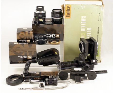 Large Olympus Bellows System inc OM Macro Lenses. To include Unitol Super De Luxe bellows with slide copier, Olympus 20mm f3.