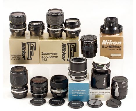 Selection of Nikon Manual Focus Lenses. To include El-Nikkor 50mm N enlarging lens, 35-70mm f3.3-4.5 in makers box, 43-86mm f