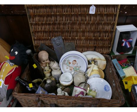 Wicker hamper containing Carlisle Brewery bottle, Cumberland Dairy Thick Cream stoneware pot, Royal Doulton Coaching china, S