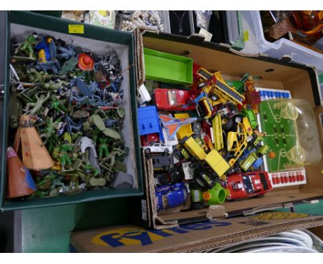 Two boxes of toys, plastic army figures, basketball game, toy vehicles including tractors etc