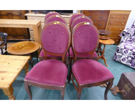 Six button back red upholstered dining chairs