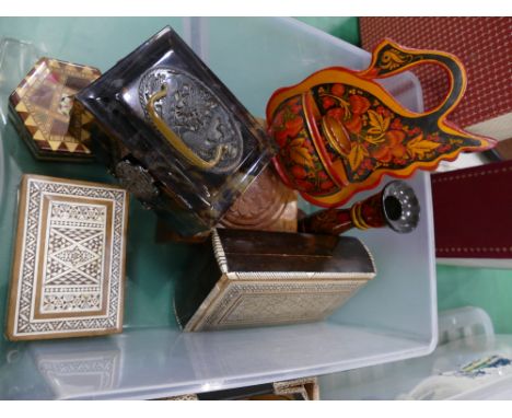 Quantity of decorative boxes including a faux tortoiseshell oriental cantilevered jewellery box, strawberry patterned wooden 