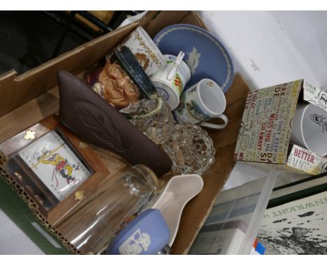 Box of mugs, candlestick holders, Jasperware lighter, Toby jug etc 