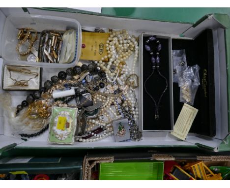 Box of costume jewellery, coins and tin of vintage fountain pen nibs  