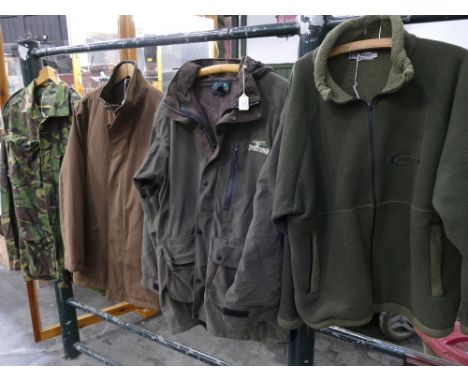 Four sporting and countryside jackets, Sport Chief coat, Tog24 fleece, Smock Camo Combat Army Surplus Jacket and Downstairs j