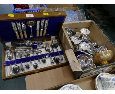 Box of metalware, dessert dishes, candlestick holders and wooden canteen of cutlery