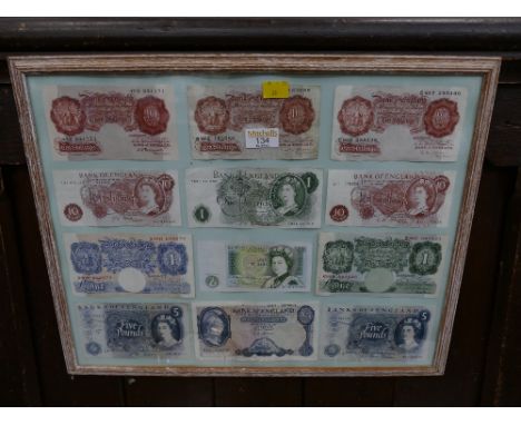 Framed set of vintage Bank of England notes including 10 shillings, £1 and £5 notes 