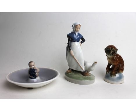 A Royal Copenhagen girl and goose figure (AF), Copenhagen dish and monkey figure 