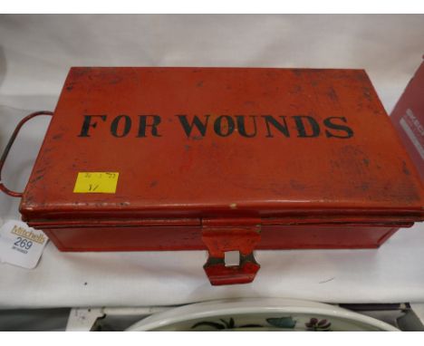Vintage metal first aid tin containing oil cans, shaving knives etc