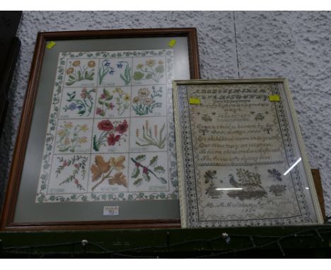 Needlepoint sampler by M A Culshaw age 13 years dated 1864, 40 cm x 32 cm, and more modern embroidered picture "Months of The