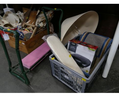 Folding metal kneeler, ironing board, boxed sandwich maker, cat scratch mat and lamp shade 