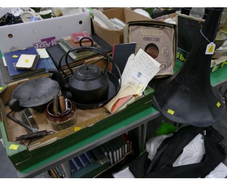 Cast iron cooking pan and kettle, gramophone horn, box of Bakelite records, Salters No 2 spring balance scales, Women's Insti