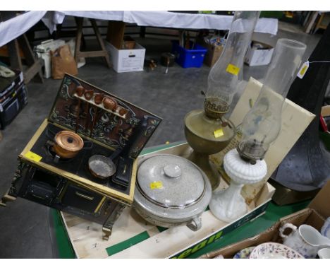 Tinplate model Aga cooker by Schopper, two oil lamps, stoneware tureen and vintage bathroom sign 