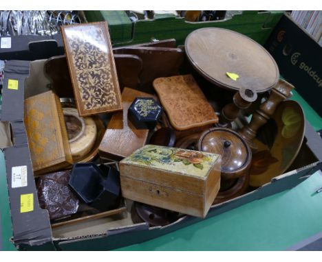 Box of wooden trinket boxes, pedestal cake stand, candlesticks, tobacco jar, etc  