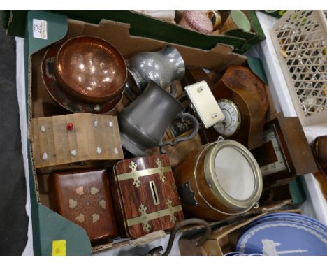 Box of mantel clocks, pewter tankards, trinket boxes etc 