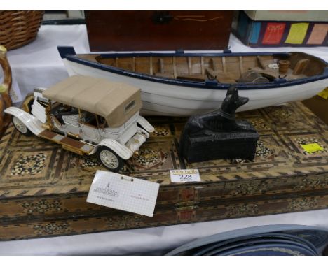 Inlaid Backgammon board, model fishing boat, Franklin Mint Rolls Royce model and Egyptian ornament 