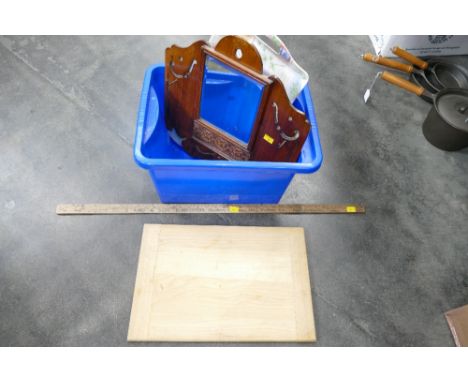Wooden clothes brush mirror, trays, chopping boards and vintage ruler marked J. Aird & Son Ironmongers, Wigton