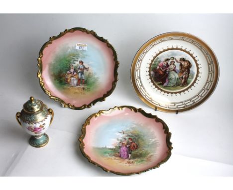 Royal Copenhagen plate, pair of continental cabinet plates and lidded Aynsley urn 