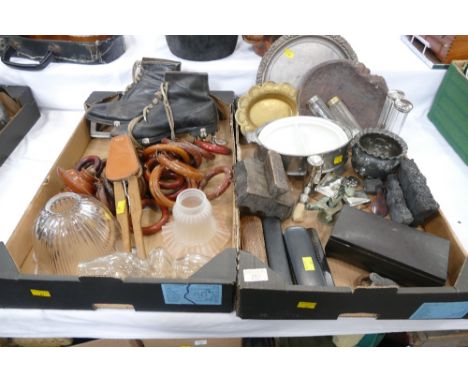 Two boxes of vintage Avalon ice skates, wooden curtain hooks, glass lamp shades, metalware dishes, clothes brushes, wooden pr