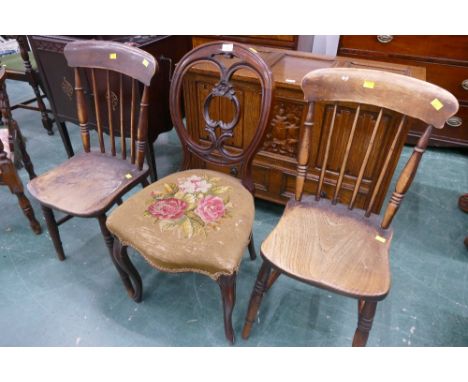 Two oak kitchen chairs and mahogany floral upholstered tapestry chair 