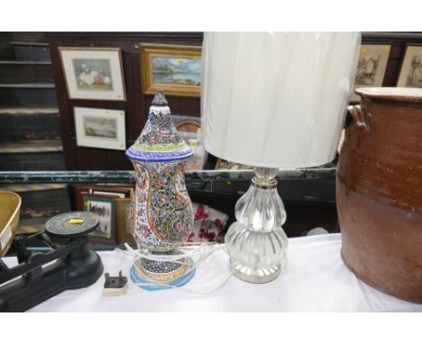 Bulbous glass lamp base with shade and pierced handpainted metal lamp