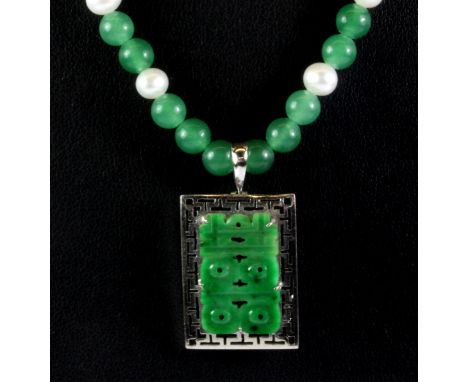 A Chinese white metal (tested 14ct white gold) jade set pendant on a pearl and jade set necklace with a 14ct white gold clasp