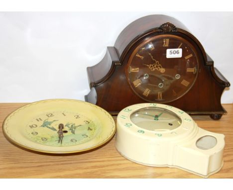 Two Smiths vintage kitchen clocks and a Smiths chiming mantle clock.