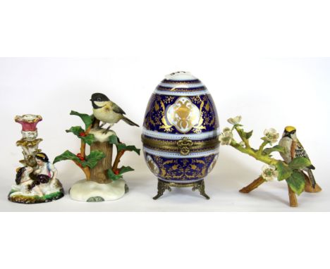 Two Franklin porcelain bird figures, a 19th Century candlestick and a porcelain egg, egg H. 18cm.
