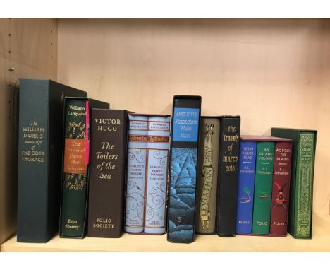 A collection of boxed Folio Society volumes including the William Morris manuscript of The Ode of Horace.