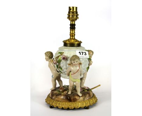 A gilt mounted 19th Century porcelain table lamp base, H. 28cm.