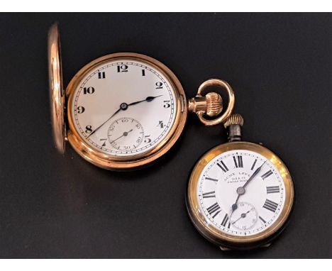GOLD PLATED FULL HUNTER POCKET WATCHthe white enamel dial with Arabic numerals and subsidiary seconds dial; and a gun metal c