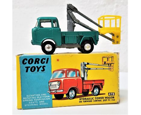 VINTAGE CORGI 478 HYDRAULIC TOWER WAGONon a Forward Control Jeep FC-150, in metallic green with original box 