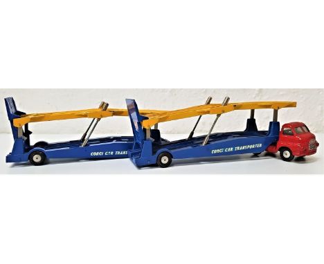 TWO VINTAGE CORGI CARRIMORE CAR TRANSPORTERSwith red Bedford tractor units and blue and yellow trailers (2) 