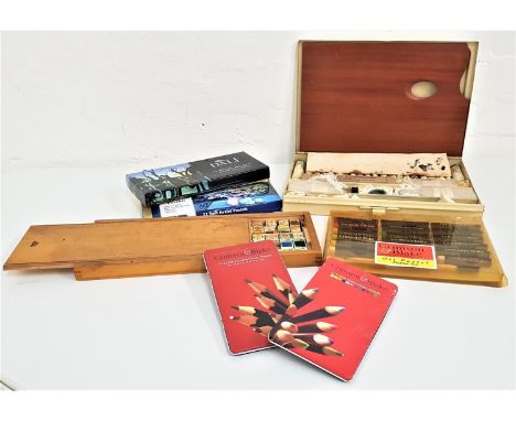 SELECTION OF ARTISTS PAINTS AND EQUIPMENTincluding a Winsor & Newton travelling set containing a mahogany palette, twenty one